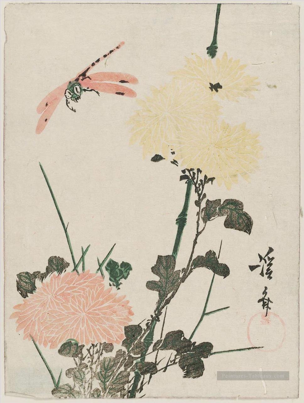chrysanthèmes et libellule Keisai, japonais Peintures à l'huile